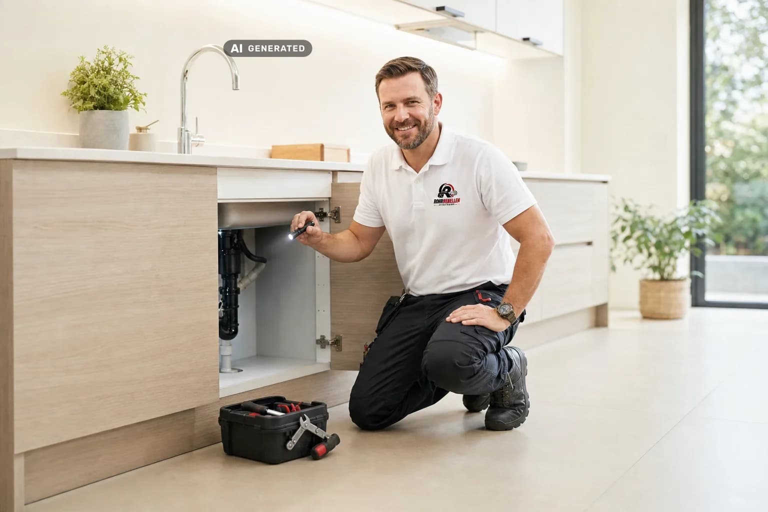 Techniker prüft das Abflussrohr unter der Küchenspüle