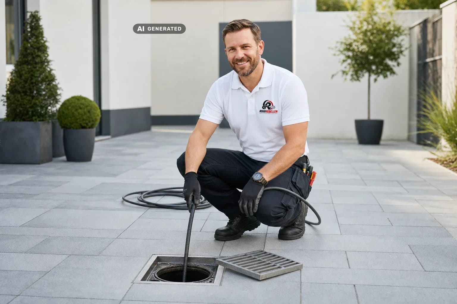 Techniker reinigt einen Hofablauf mit dem Hochdruckschlauch